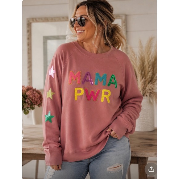 Simply Southern Tops - Simply Southern Mama Pwr Pink Sequin Chenille Star Sweatshirt XXL